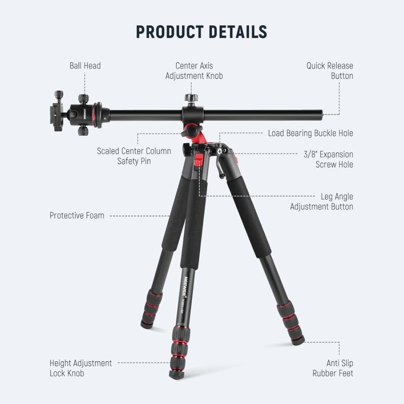NEEWER 79'' Camera Tripod Monopod with Center Column and Ball Head Aluminum, Arca Type QR Plate, Bag, Horizontal Tripod Overhead Camera Mount for DSLR Camera, Video Camcorder, Max Load: 33lbs - Image 2
