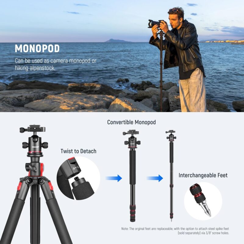 NEEWER 79'' Camera Tripod Monopod with Center Column and Ball Head Aluminum, Arca Type QR Plate, Bag, Horizontal Tripod Overhead Camera Mount for DSLR Camera, Video Camcorder, Max Load: 33lbs - Image 3