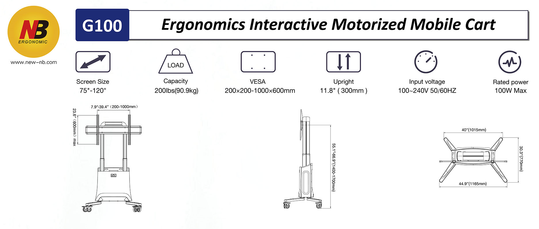 North Bayou NB G100-W Motorized Lift Screen TV Stand for 75-120'' - Image 2
