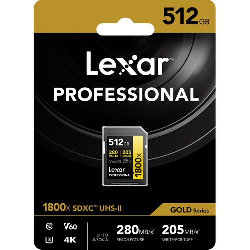 Lexar 512GB Professional 1800x UHS-II SDXC Memory Card-V60, GOLD Series